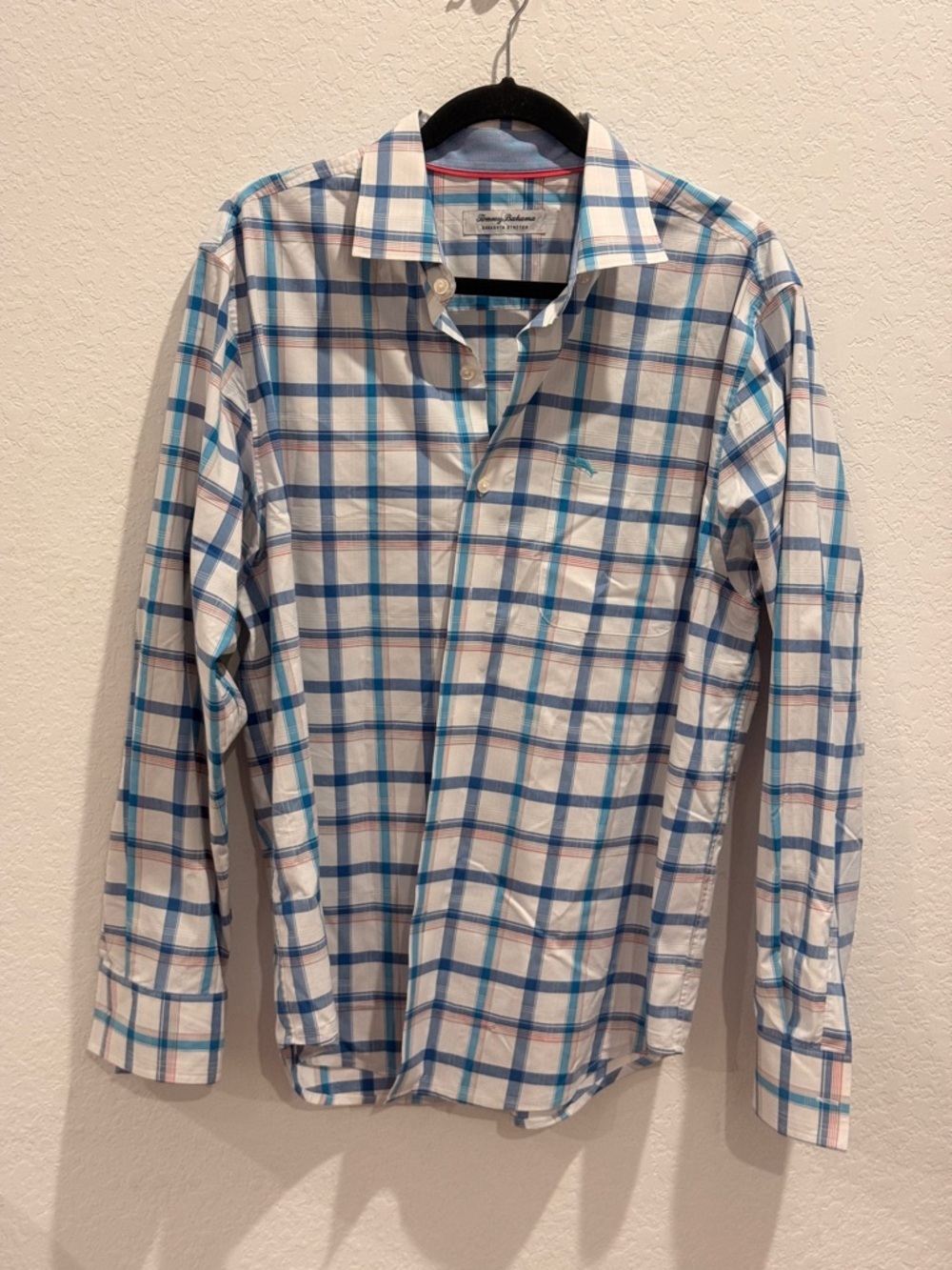 Tommy Bahama White Plaid Button-Down Shirt with Blue Accents‎